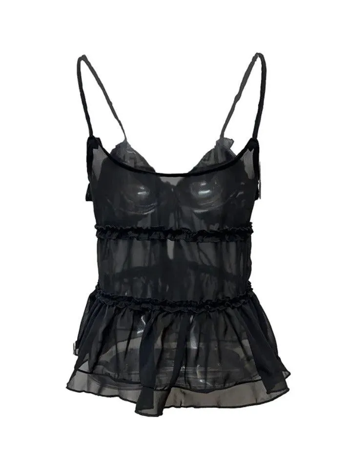 Uniwim ootd See Through Ruffled Trim Tie Up Cami Top