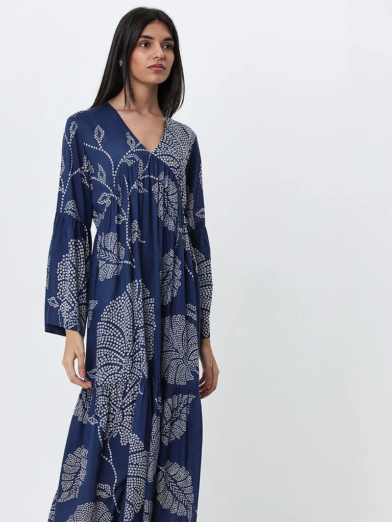 Utsa Blue Bandhani Printed A-Line Dress