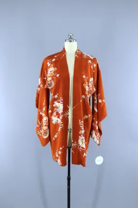 Vintage 1930s Silk Haori Kimono Jacket Cardigan / Dark Orange Floral Print