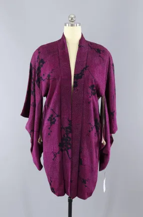 Vintage 1930s Silk Haori Kimono Jacket Cardigan / Purple & Black Shibori Cherry Blossom Print