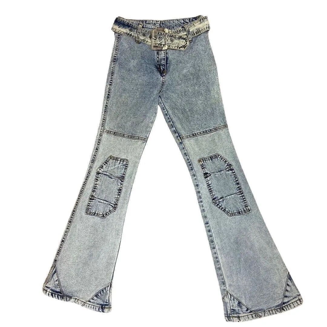 Vintage 90s Y2K Acid Wash Denim Flared Belted High Rise Jeans 4 XS