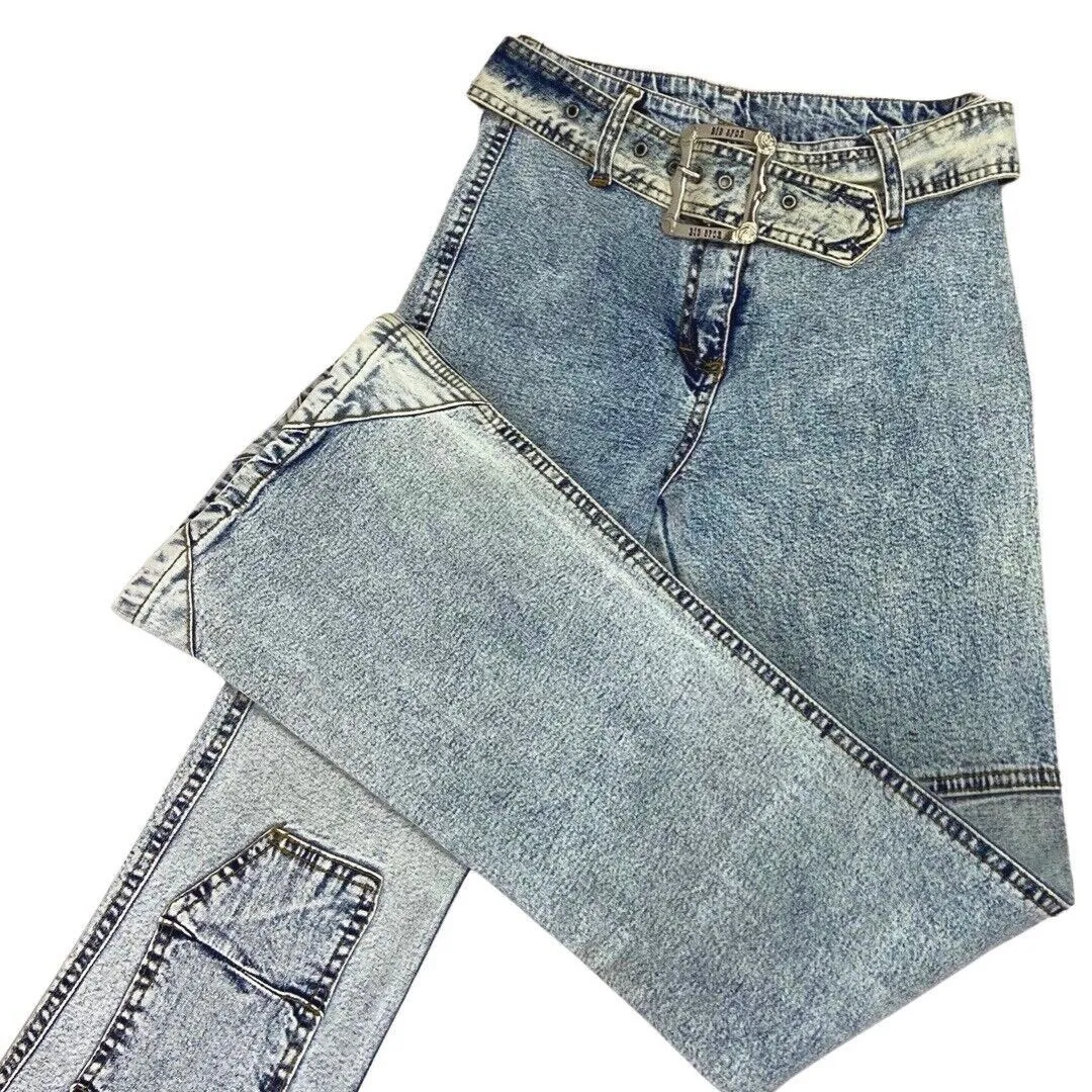 Vintage 90s Y2K Acid Wash Denim Flared Belted High Rise Jeans 4 XS