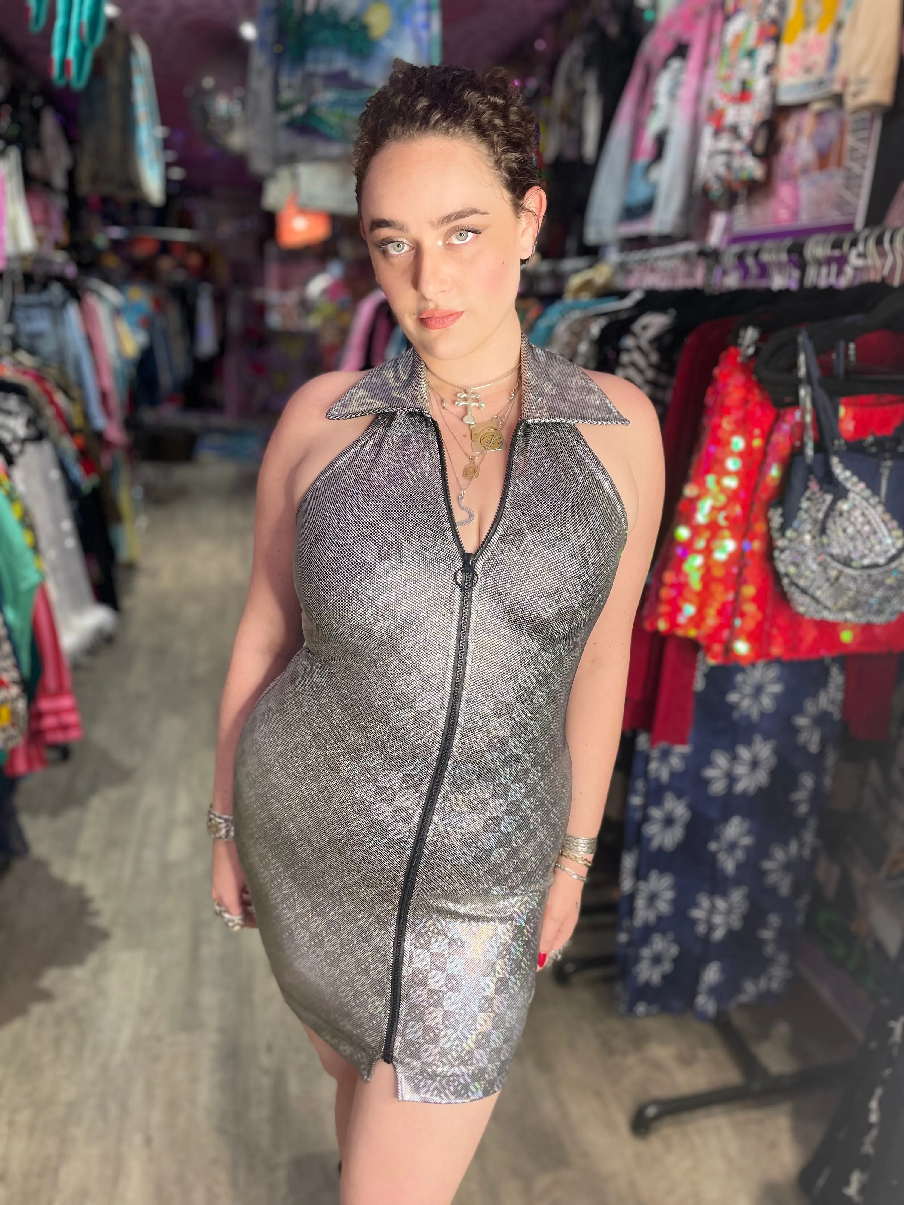 Vintage 90’s Zip Front O Ring Silver Hologram Halter Minidress