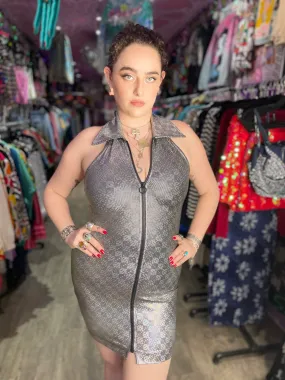 Vintage 90’s Zip Front O Ring Silver Hologram Halter Minidress