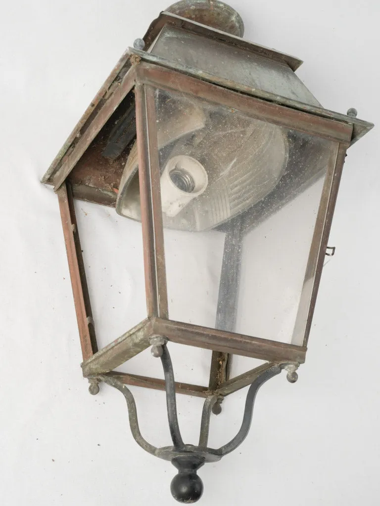 Vintage French copper street pendant lantern w/ verdigris patina 28¼" x 15"