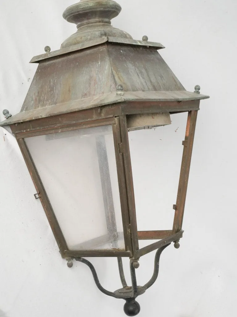 Vintage French copper street pendant lantern w/ verdigris patina 28¼" x 15"