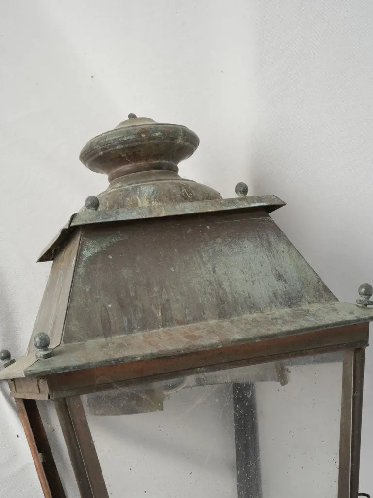 Vintage French copper street pendant lantern w/ verdigris patina 28¼" x 15"