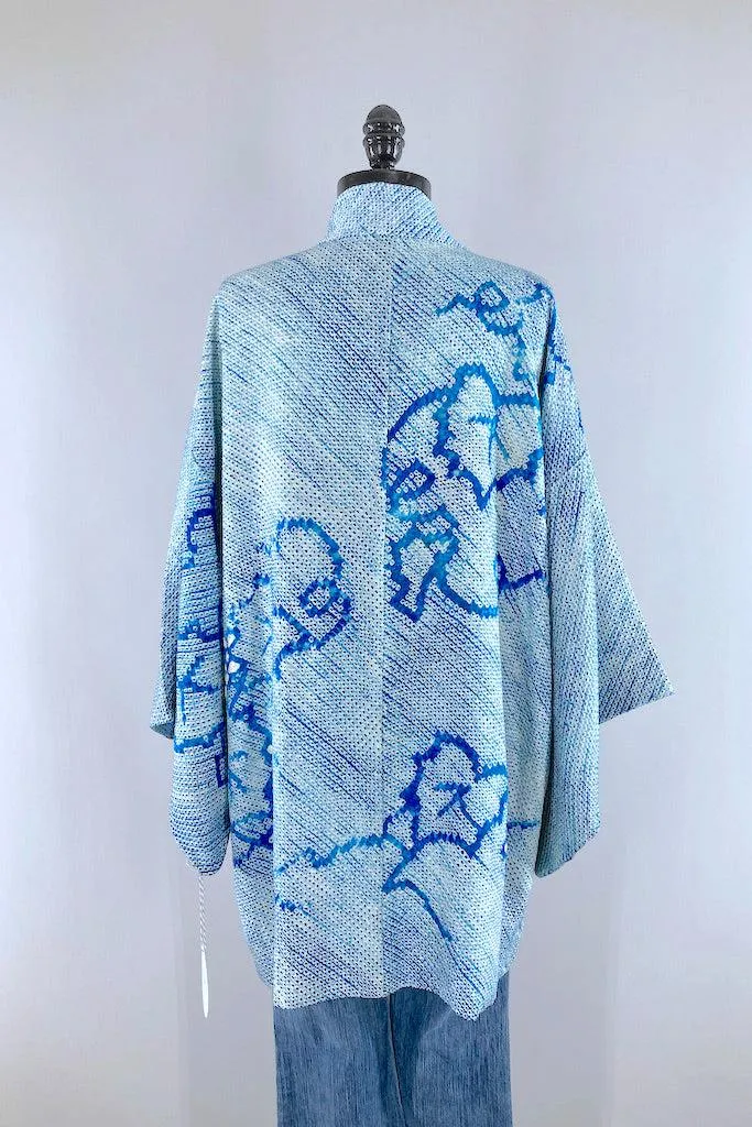 Vintage Ocean Blue Shibori Silk Kimono Cardigan