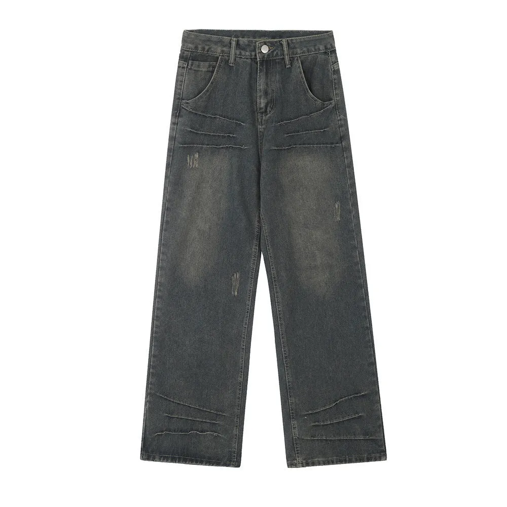 Washed And Worn Worn Out Denim Straight-leg Trousers Men's Punk