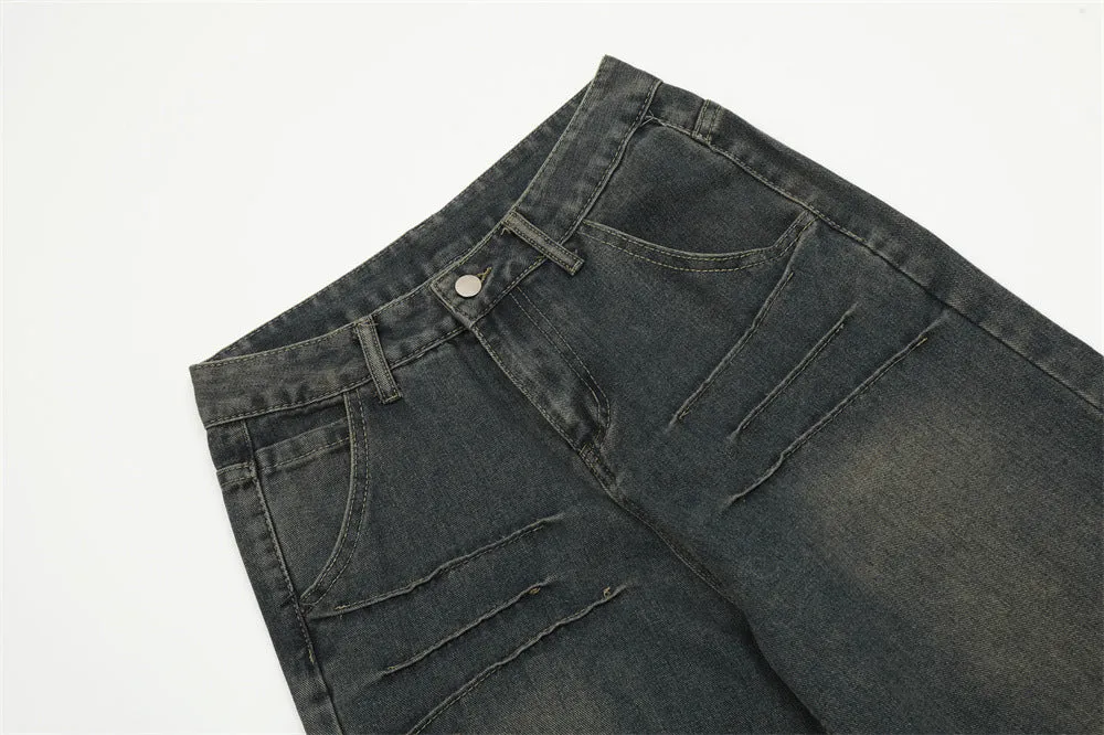 Washed And Worn Worn Out Denim Straight-leg Trousers Men's Punk