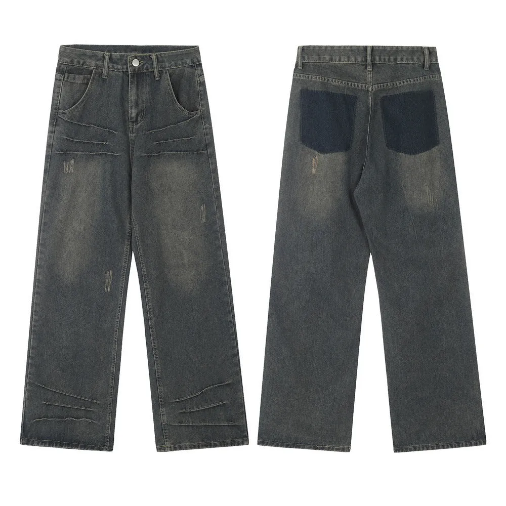 Washed And Worn Worn Out Denim Straight-leg Trousers Men's Punk