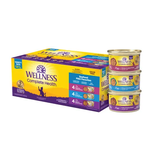 Wellness Complete Health Natural Grain Free Wet Cat Food Variety Pate Recipes Seafoods (3 oz case of 12)