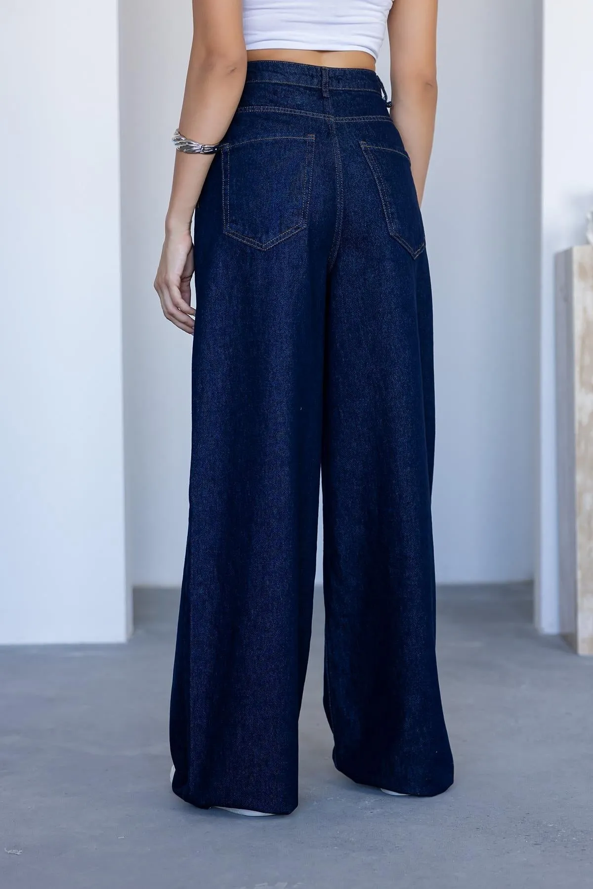 Wide Leg Denim Pants - NAVY BLUE