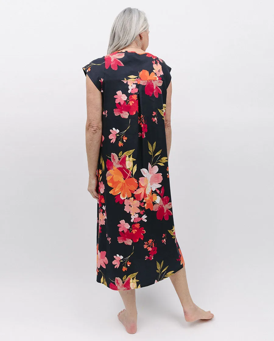 Winnie Lace Detail Black Floral Print Long Nightdress