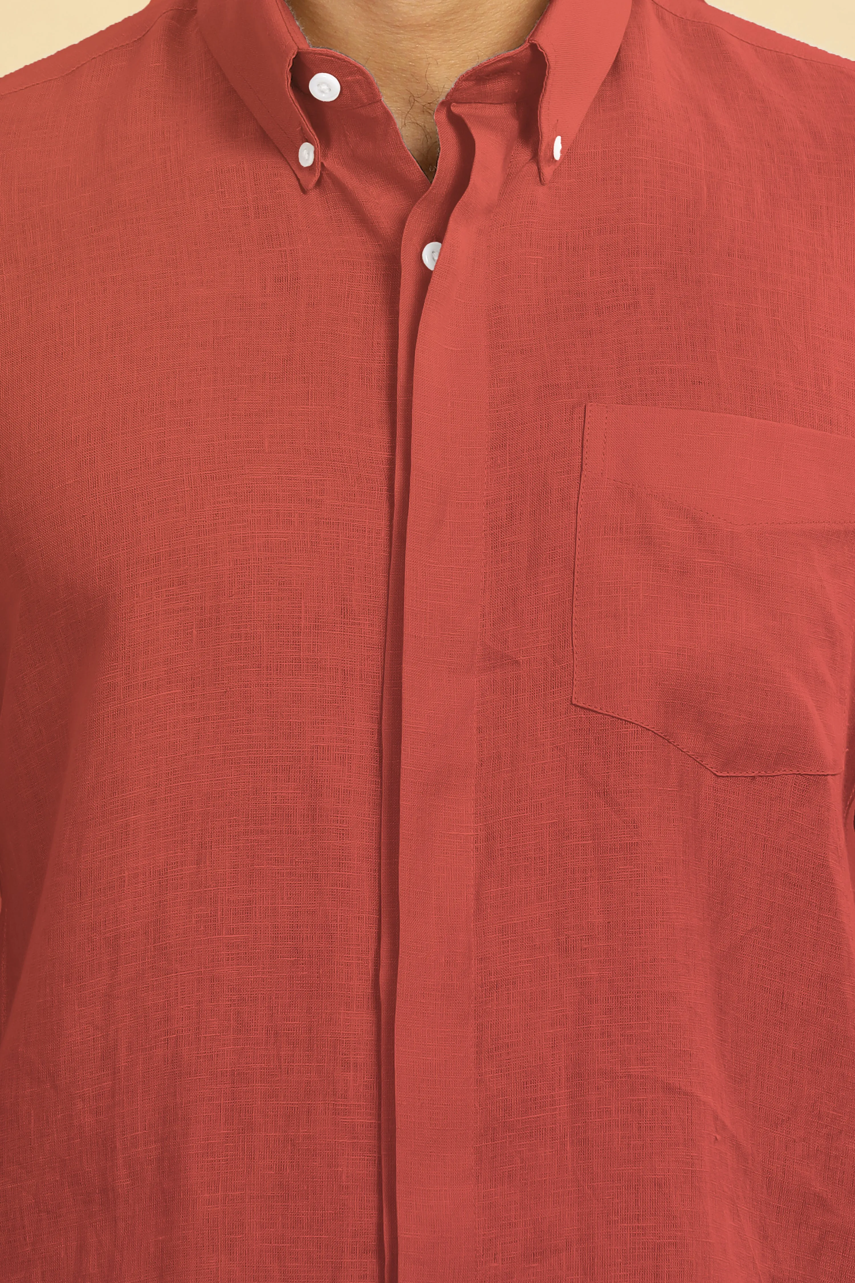 Winston - Pure Linen Button Down Full Sleeve Shirt with Concealed Placket - Terracotta Red