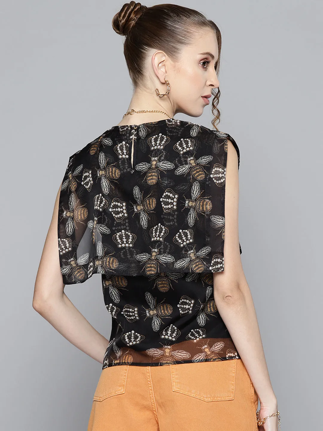 Women Black Beetle Print Sailor Collar Top