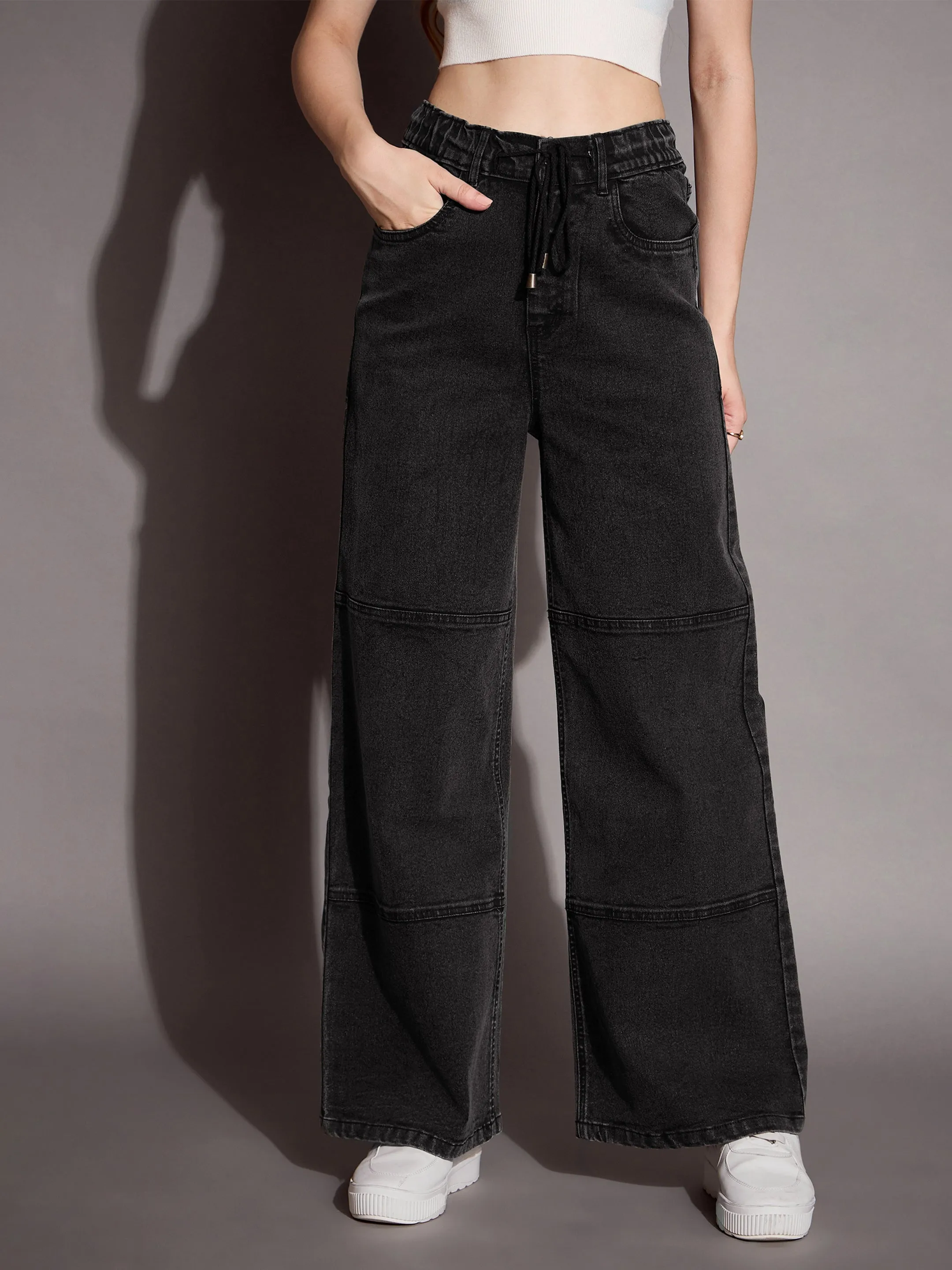 Women Black Wash Straight Fit Drawstring Jeans