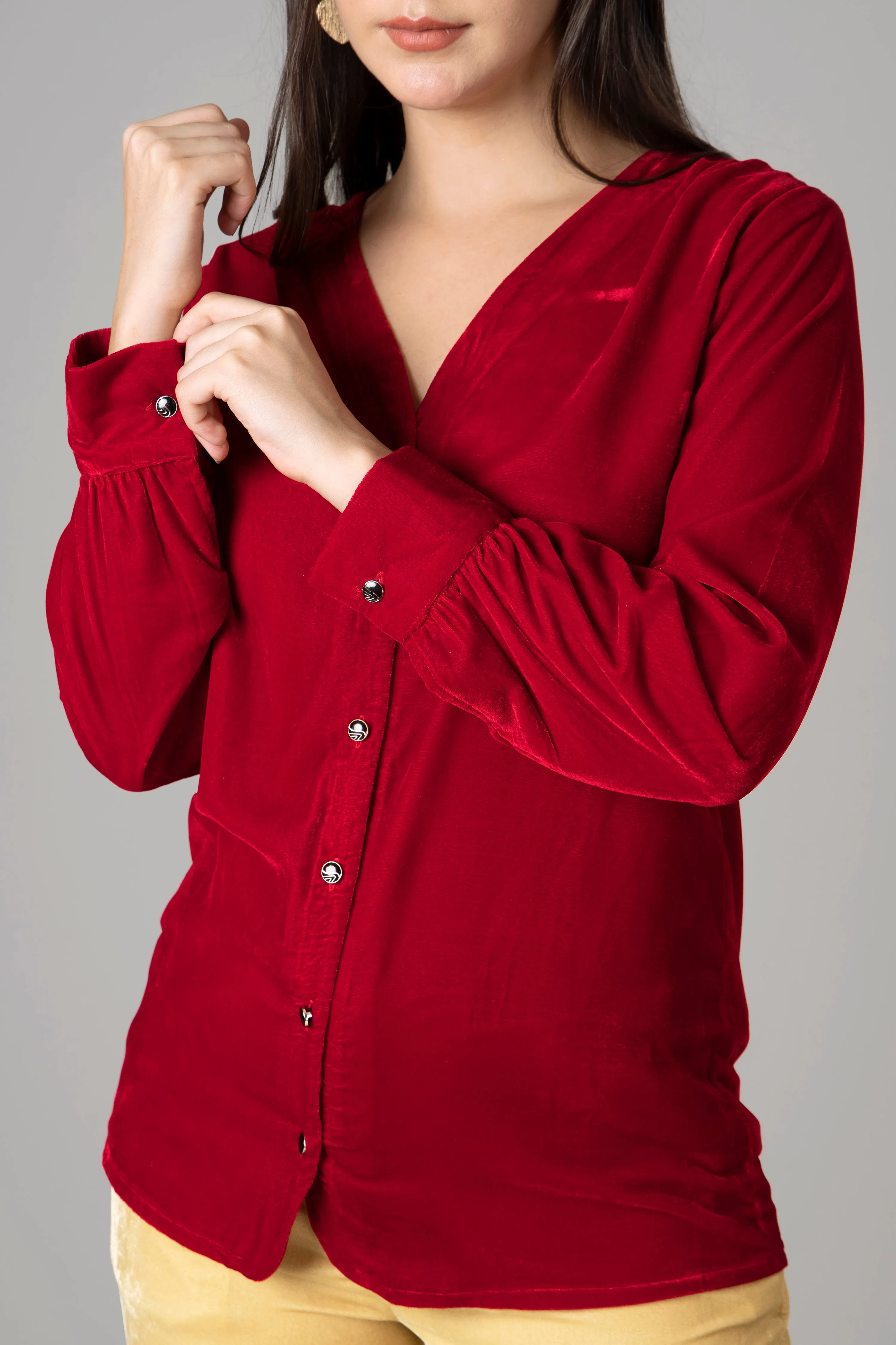 Women Casual Red Velvet V neck Shirt