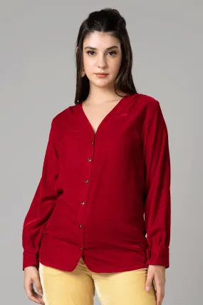 Women Casual Red Velvet V neck Shirt