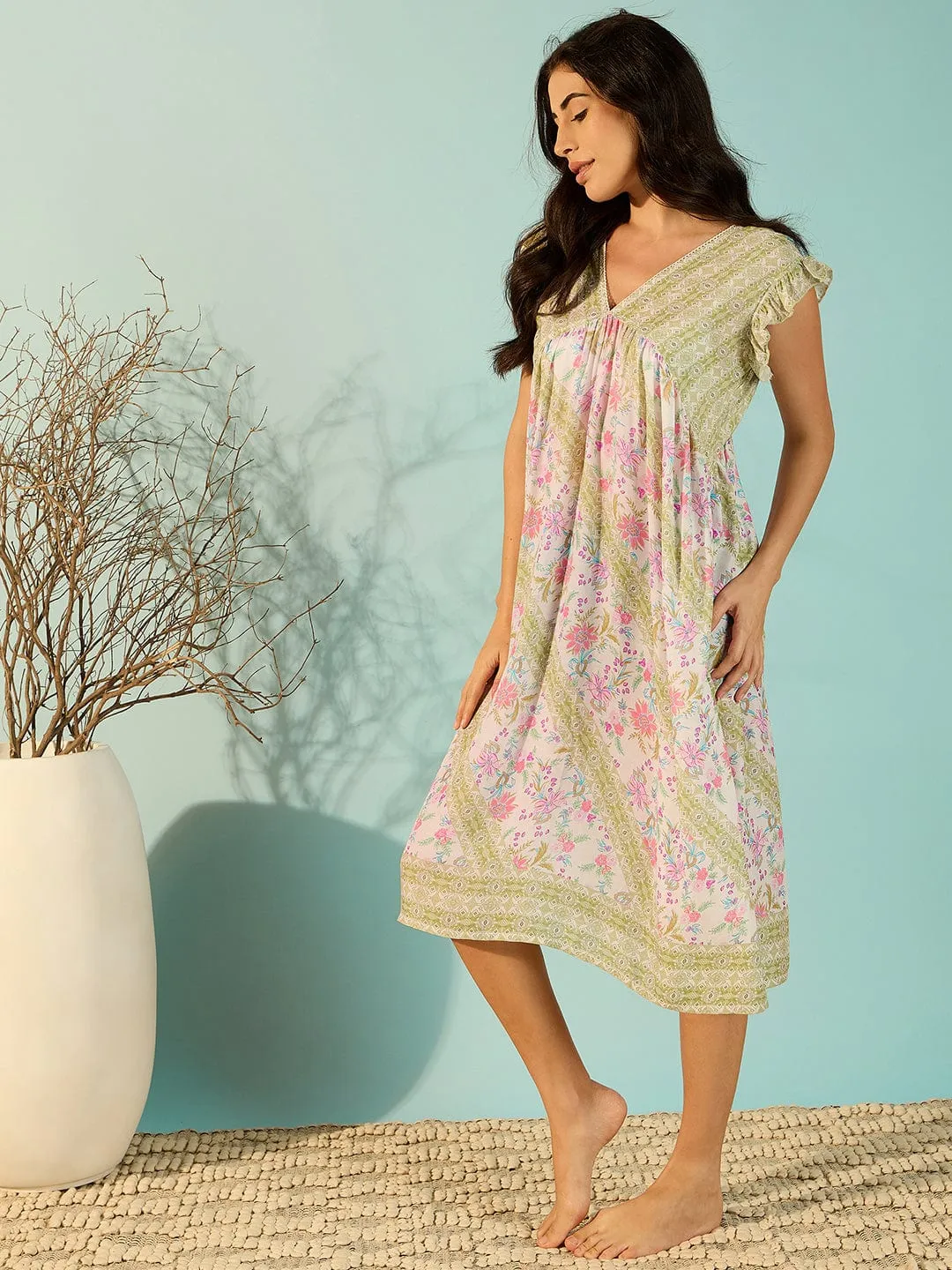 Women Chic Modal Floral Printed Negligee Dress