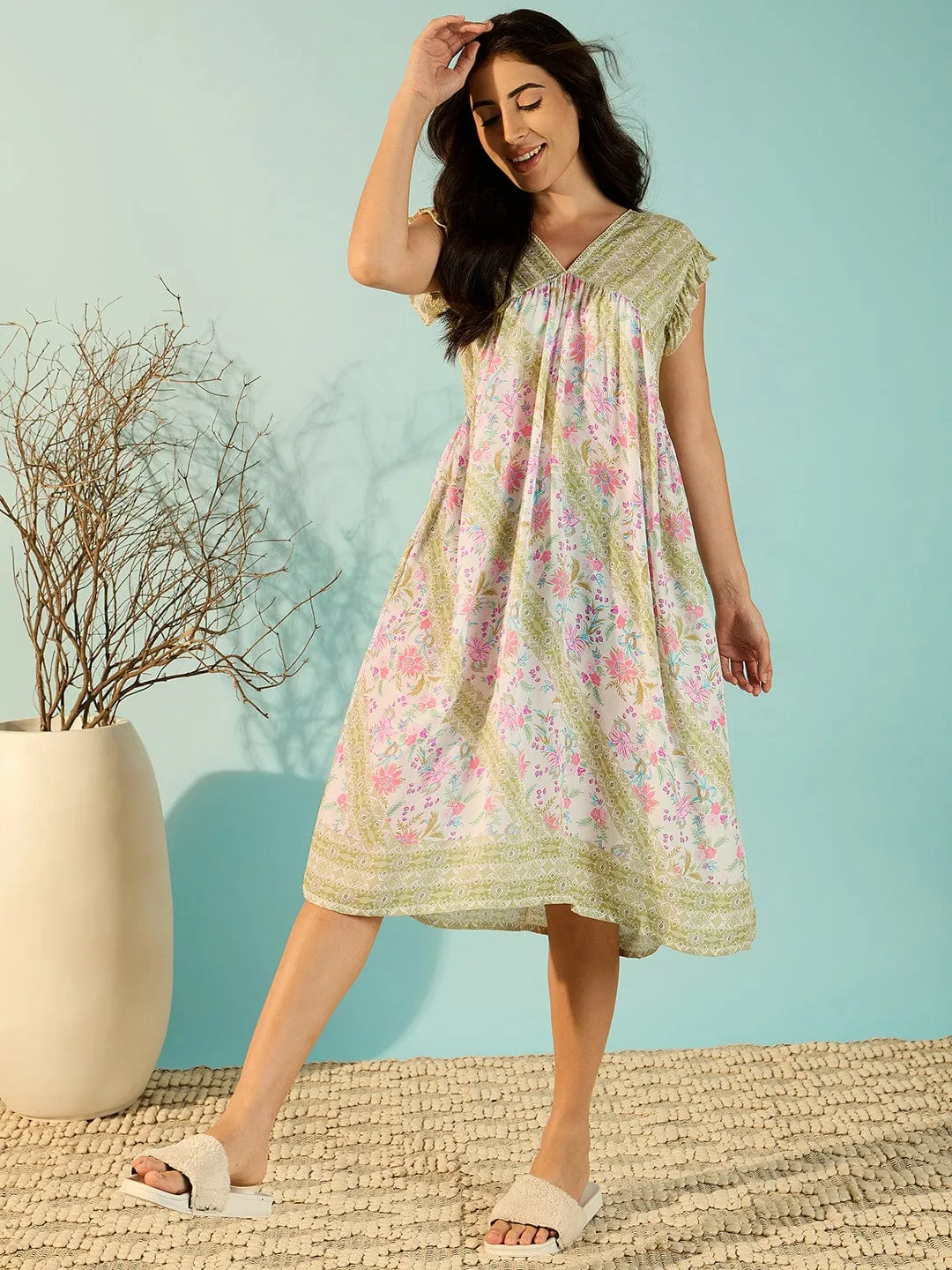 Women Chic Modal Floral Printed Negligee Dress