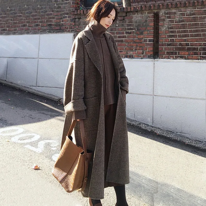 Women Wool Coat Winter Warm Plaid Long Woolen