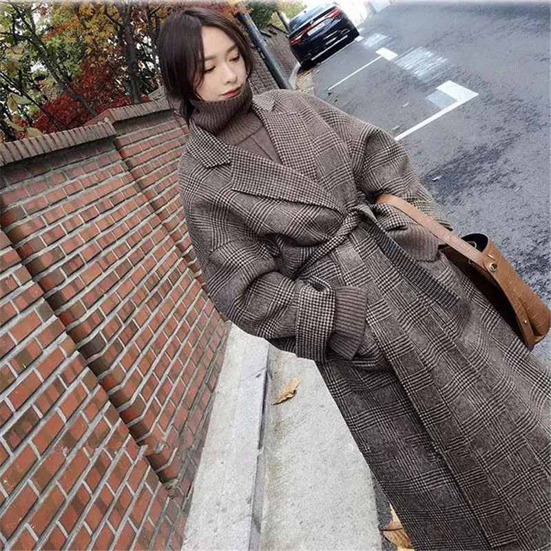 Women Wool Coat Winter Warm Plaid Long Woolen