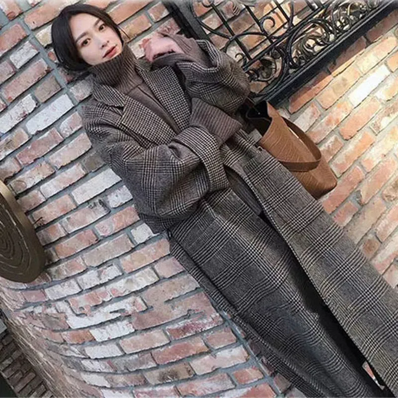 Women Wool Coat Winter Warm Plaid Long Woolen