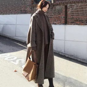 Women Wool Coat Winter Warm Plaid Long Woolen