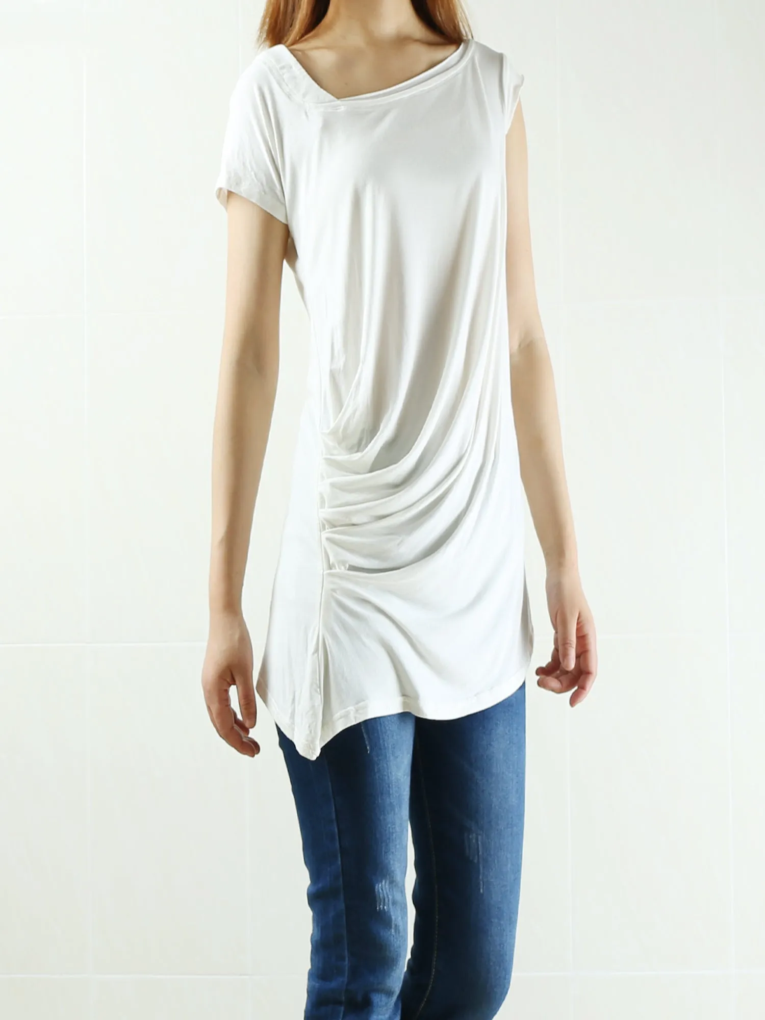 Women's asymmetrical top/modal cotton t-shirt/short sleeve top/casual tunic top/loose t-shirt/summer top/customized t-shirt(Y1940)