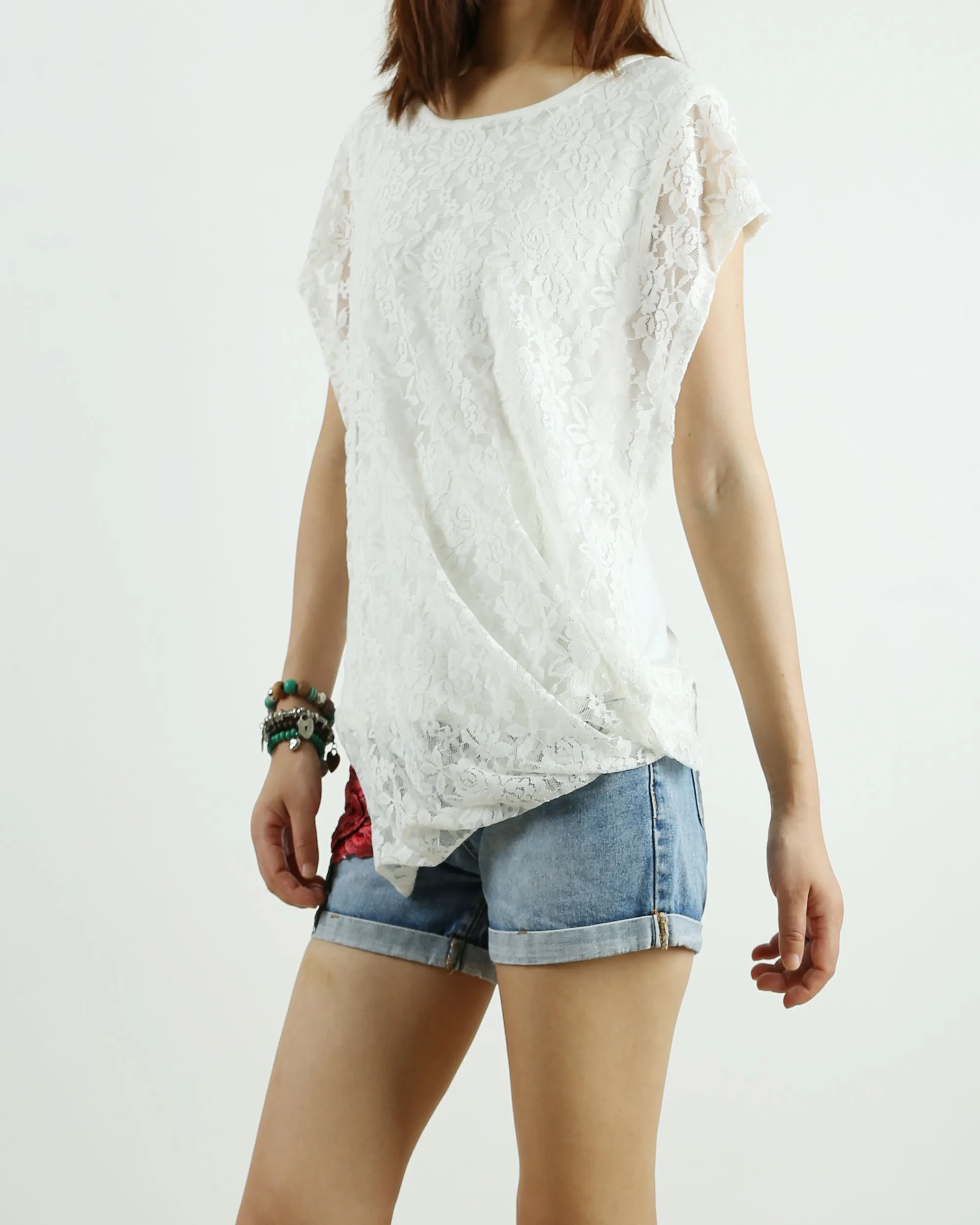 Womens lace modal t-shirt, short sleeve hoodie top, customized T-shirt, asymmetry clothing, Boho t-shirt, Sleeveless top(Y3118S)