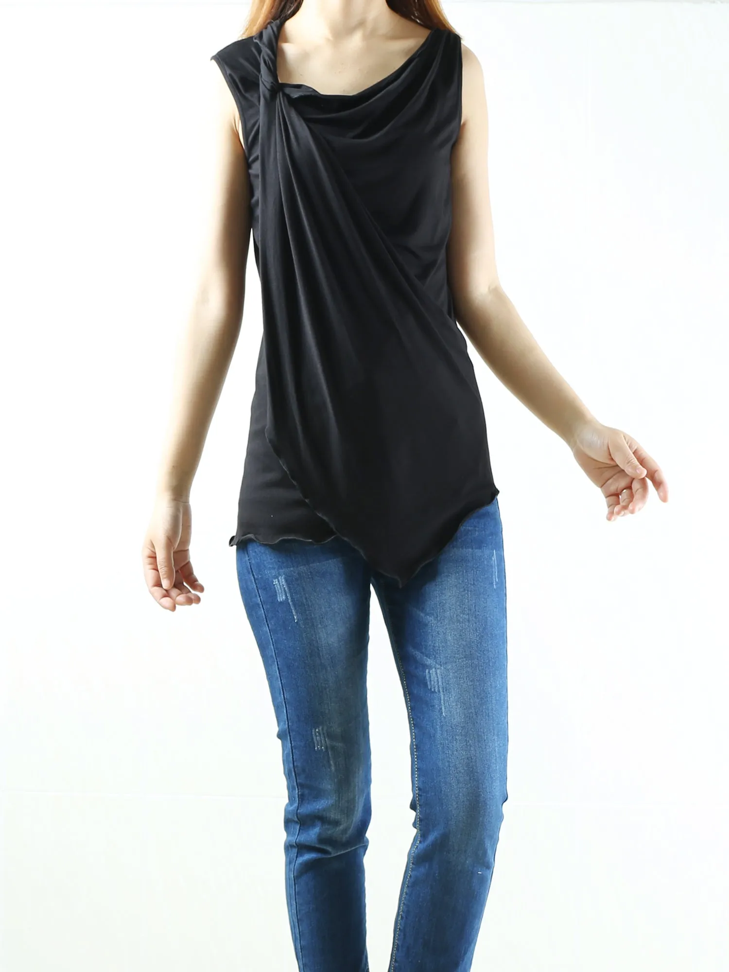 Women's modal cotton draping slip top/asymmetrical t-shirt/summer top/customized sleeveless top(Y1935)