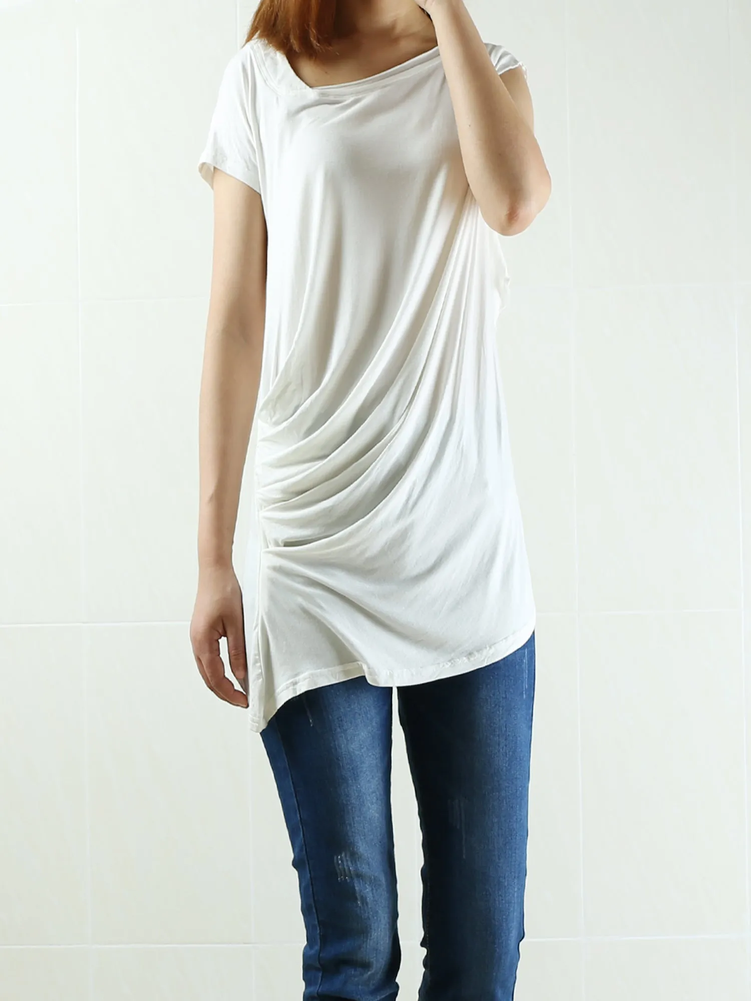 Women's modal cotton t-shirt/asymmetrical top/short sleeve top/casual tunic top/loose t-shirt/summer top/customized t-shirt(Y1940)