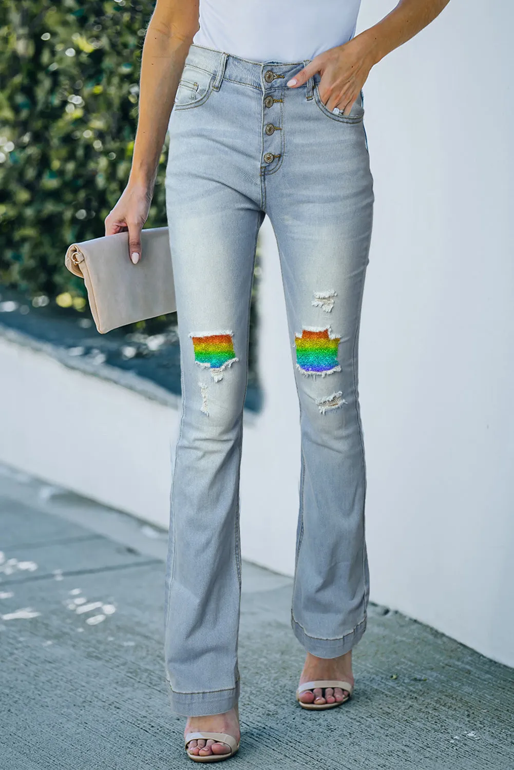 Women's Rainbow Print Patchwork Destroyed Raw Hem Jeans Boyfriend Denim Pants