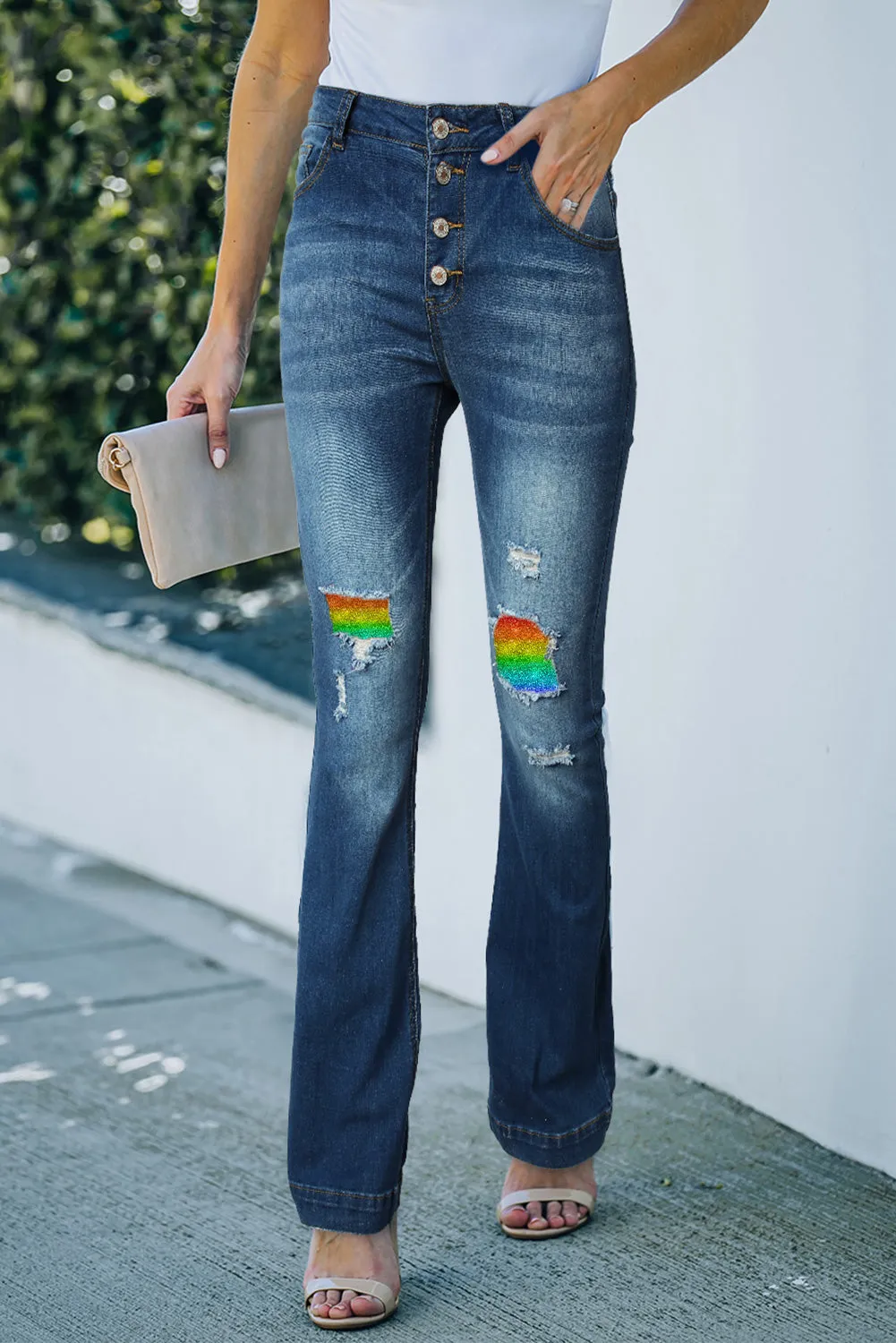 Women's Rainbow Print Patchwork Destroyed Raw Hem Jeans Boyfriend Denim Pants