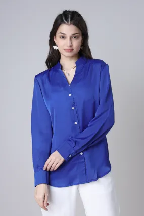 Womens Royal Blue Spread Collar Casual Shirt