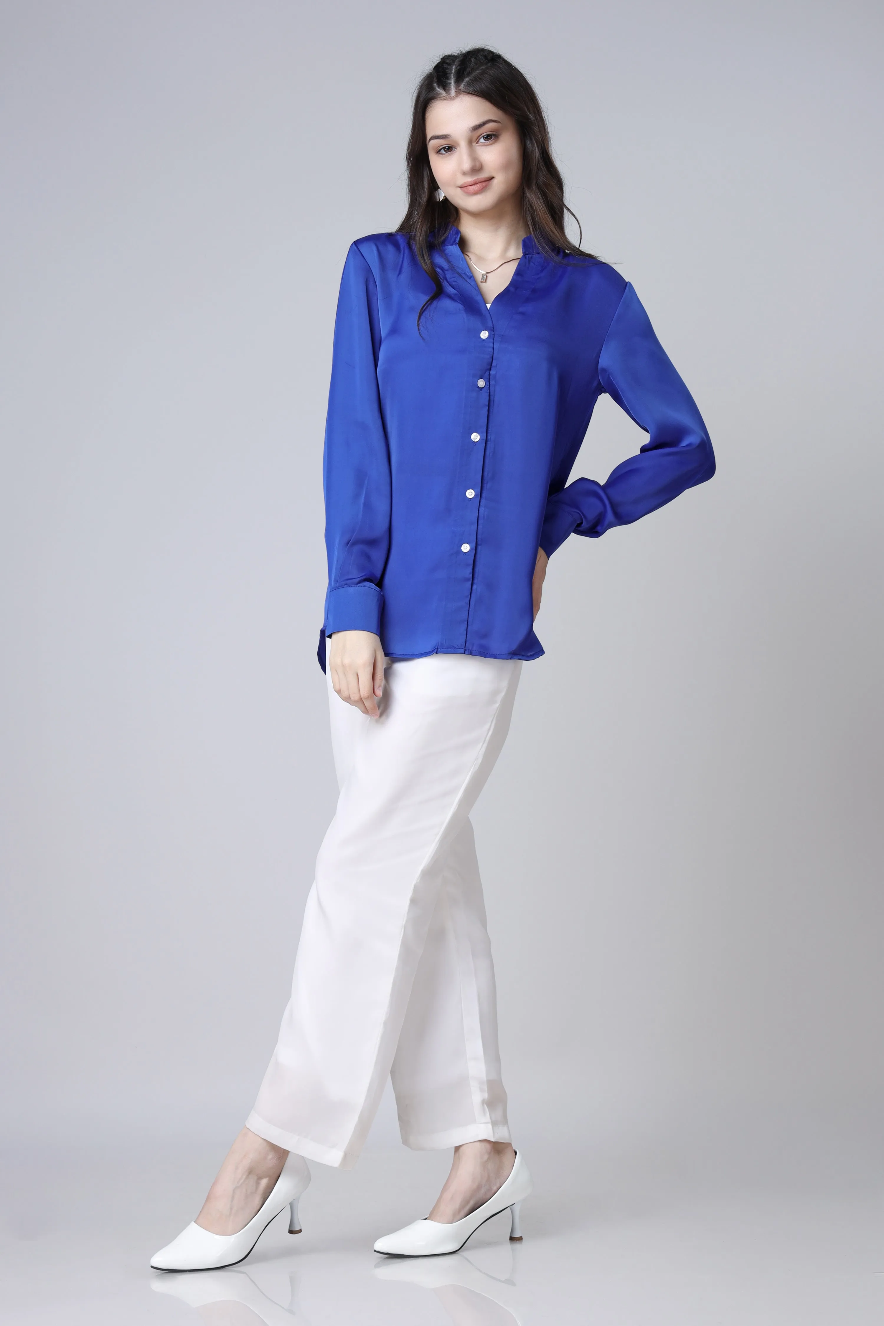 Womens Royal Blue Spread Collar Casual Shirt