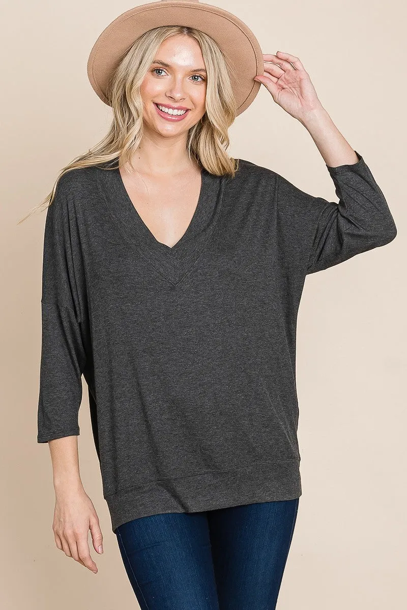 Women's Solid Rib Modal Casual 3/4 Sleeves Dolman Sleeves Top