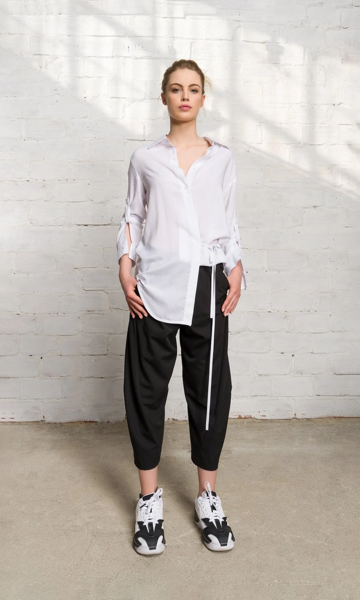 Wrap Shirt with Button-Tab Sleeves