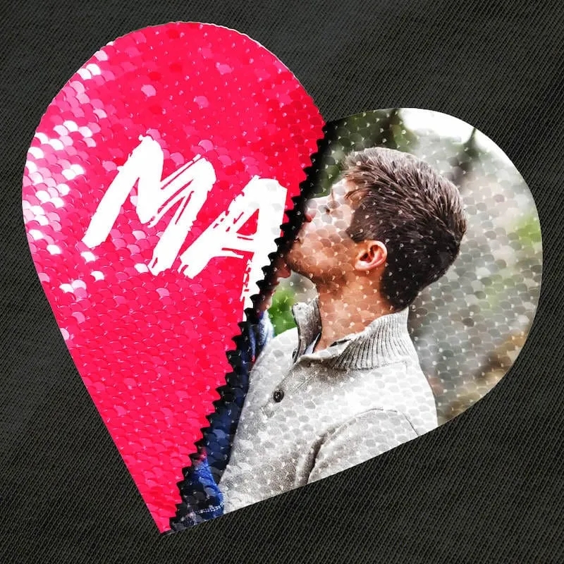 #XS-4XL-Custom Photo DIY Heart Flip Sequin Tee Couple Matching Unisex Cotton T-shirt  For Men and Women