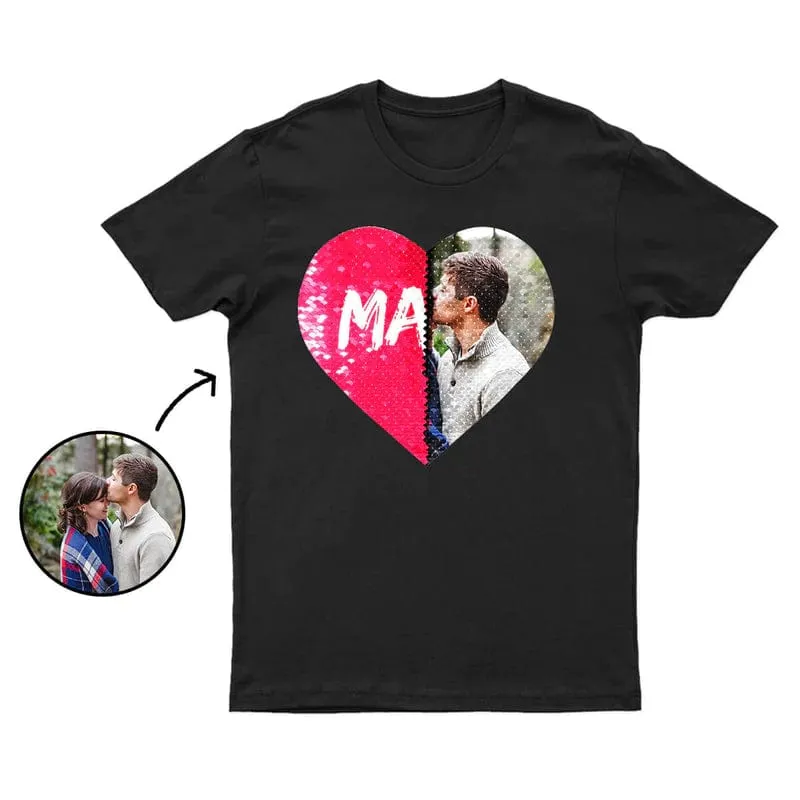 #XS-4XL-Custom Photo DIY Heart Flip Sequin Tee Couple Matching Unisex Cotton T-shirt  For Men and Women