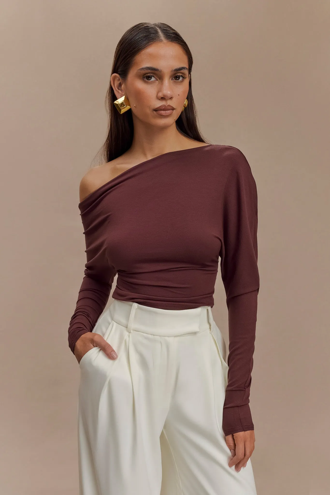 Yasmin Asymmetrical Long Sleeve Top - Mahogany