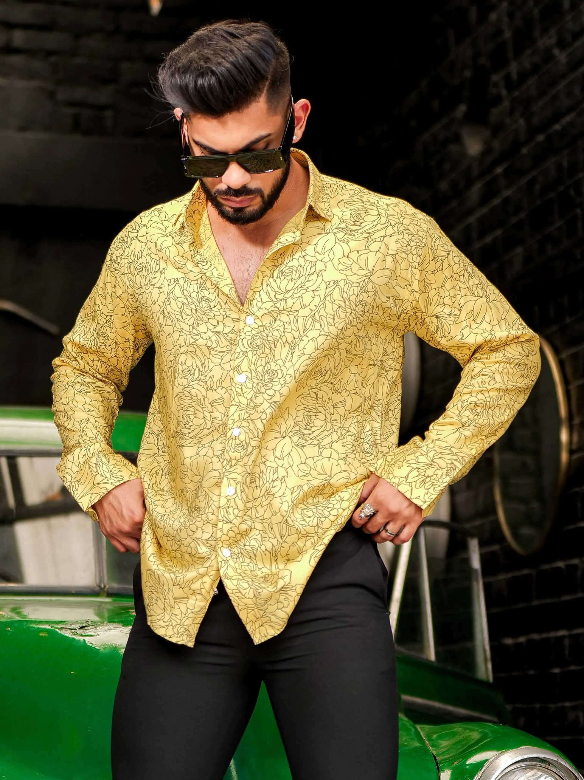 Yellow Modal Cotton Print Premium Shirt