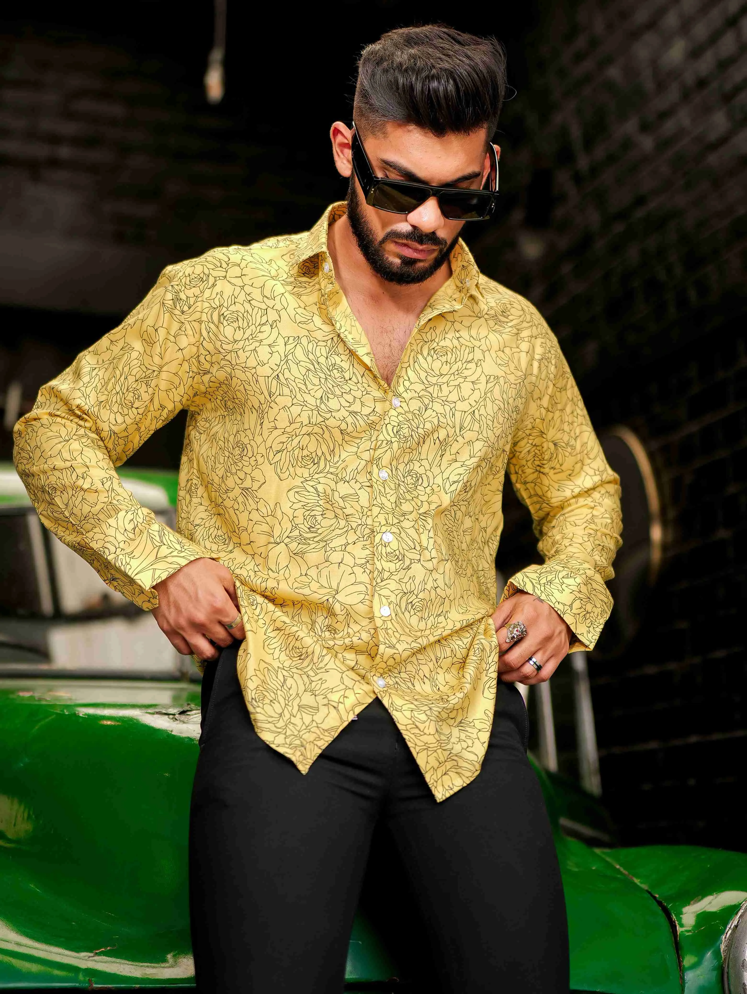 Yellow Modal Cotton Print Premium Shirt