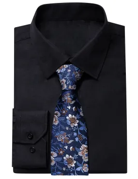 YourTies Black Solid Long Sleeve Shirt with Dark Blue Brown Floral Silk Tie for Men