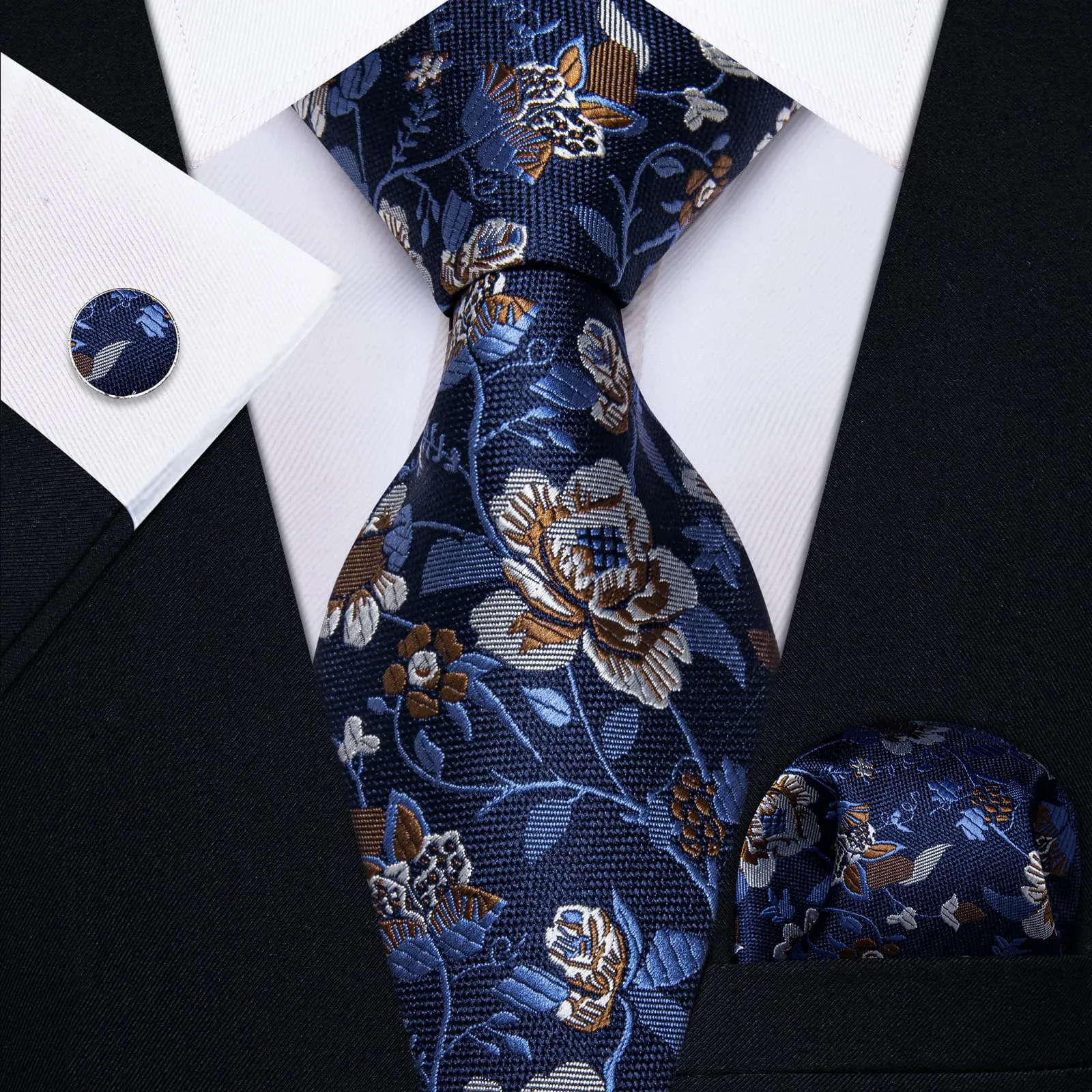 YourTies Black Solid Long Sleeve Shirt with Dark Blue Brown Floral Silk Tie for Men