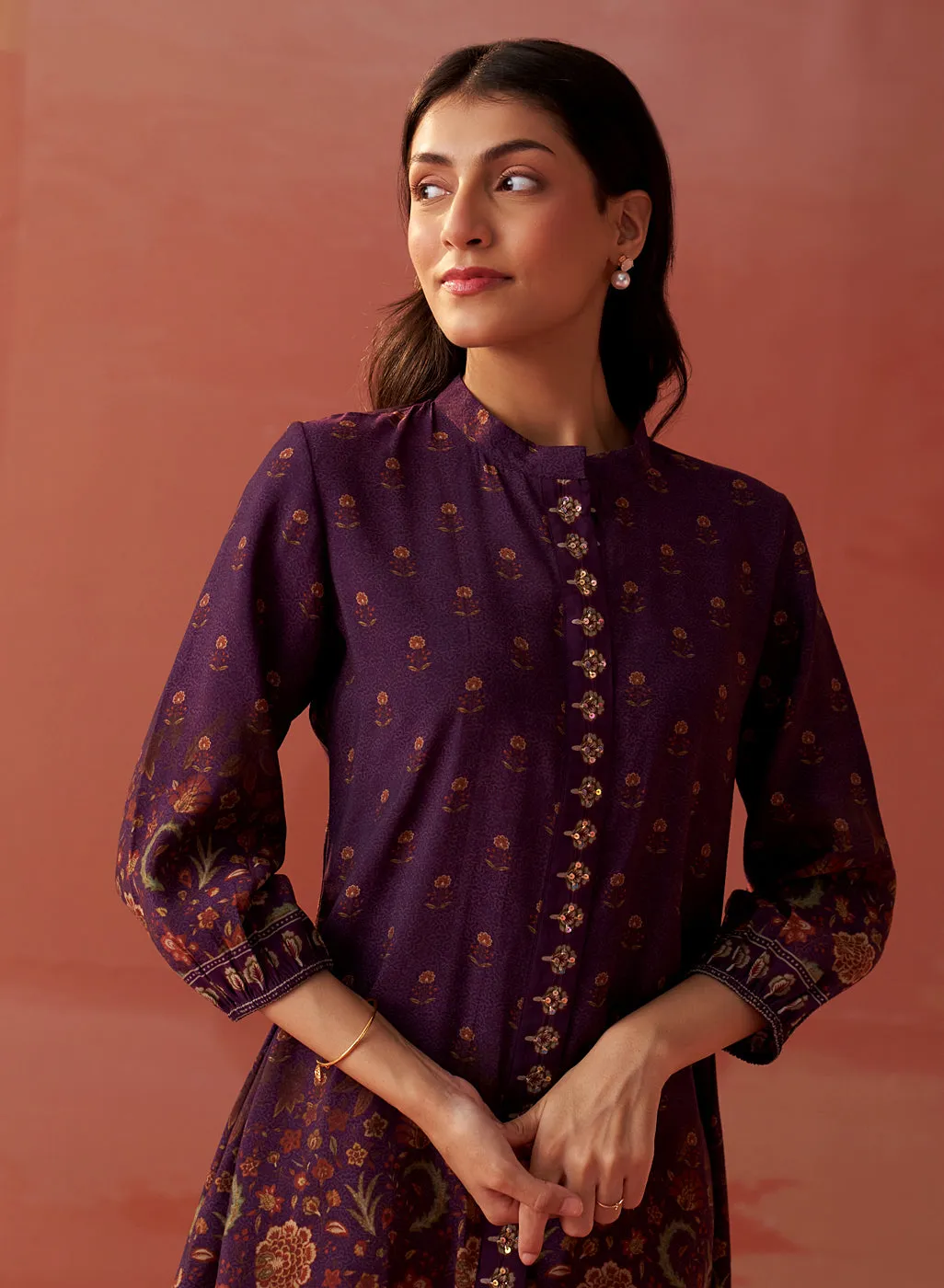 Zaina Purple Printed Cotton Modal Shirt for Women