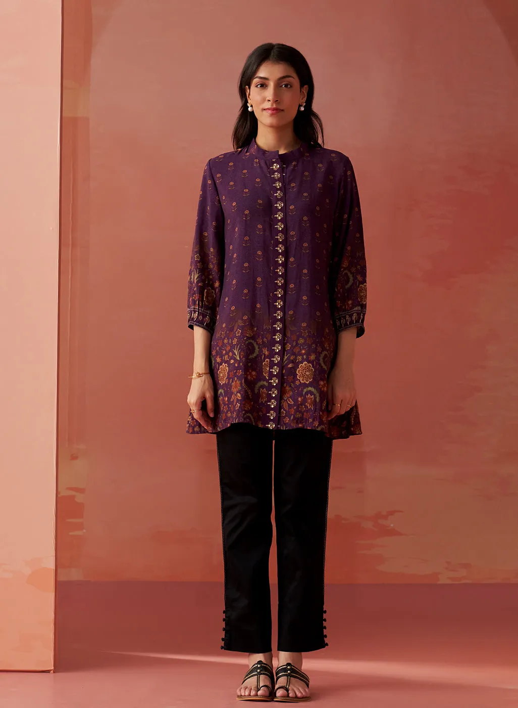 Zaina Purple Printed Cotton Modal Shirt for Women