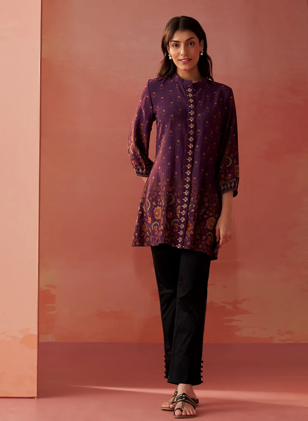 Zaina Purple Printed Cotton Modal Shirt for Women