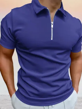 Zipper Solid Short Sleeve Polo Shirt